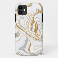 White, Gold and Gray Marble Like Swirls Fluid Art  iPhone 11 Case