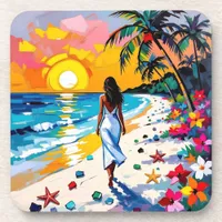 Woman on Beach Tropical Scene Beverage Coaster