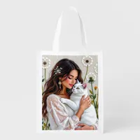 Beautiful Woman, Cat and Dandelions Grocery Bag