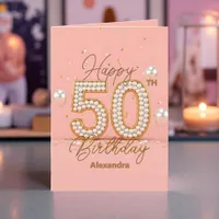 Luxurious Pearly Soft Pink and Gold 50th Birthday Card
