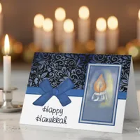 Happy Hanukkah Elegant Blue Scroll Pattern Candle Holiday Card