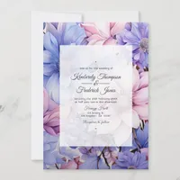 Petal Pink, Cornflower Blue & Mauve Purple Wedding Invitation