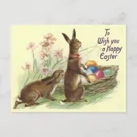 Vintage Brown Easter Rabbits Eggs in Basket, ZSSG Holiday Postcard