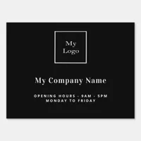 Black white business logo name opening hours sign