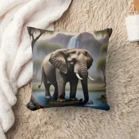 Majestic Elephant by Tranquil Waterfall at Dusk Throw Pillow