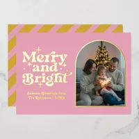 Blush Pink & Gold Modern Retro Christmas Photo Foil Holiday Card
