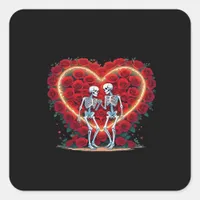 Skeleton Couple Holding Hands Inside A Heart Of Ro Square Sticker