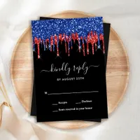 Elegant Blue Red Black Glitter Drips Wedding RSVP Note Card