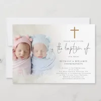 Modern Photo Gold Cross Twins Baptism  Invitation