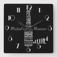 Man-cave Personalized Black and White Square Wall Clock