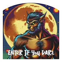 Comic Book Style Werewolf in Front of Full Moon Door Sign