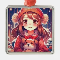 Pretty Anime Girl with Puppy and Ear Muffs Metal Ornament