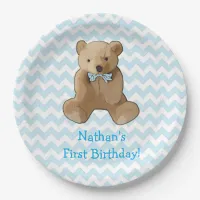 Teddy Bear Blue and White Striped Party Plate