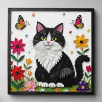 Cute Black and White Cat, Flowers and Butterflies Peel And Stick Photo Tile