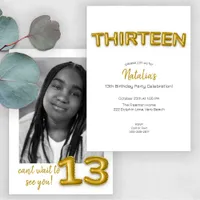 Gold Balloon Thirteenth Birthday Photo Invite