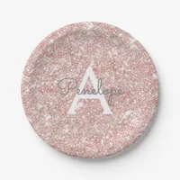 Pretty Rose Gold  Pink Glitter Sparkle Monogram Paper Plates