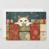 Cute White Cat Peeking over Christmas Gifts Holiday Card