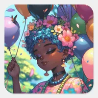 Pretty Black Anime Girl with Birthday  Square Sticker