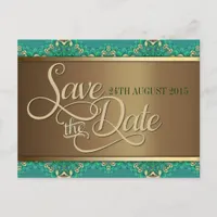 Teal Gold Lace Border Save the Date Postcard