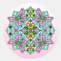 Hand Drawn Whimsical Butterfly Mandala   Classic Round Sticker