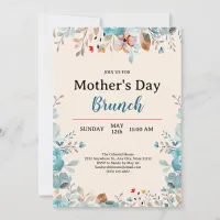 Elegant Blue Wildflowers Tan Mother's Day Brunch Invitation