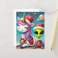 Festive Christmas Alien and Unicorn Postcard