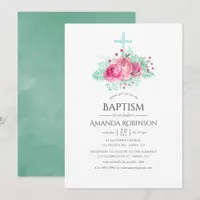 Pink and Mint Floral Baptism or Christening Invitation