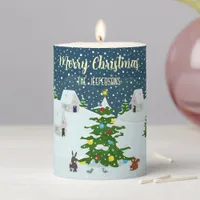 Christmas snow village with cute animals pillar candle