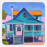 Blue Beach House Vacation Quirky Art Square Sticker