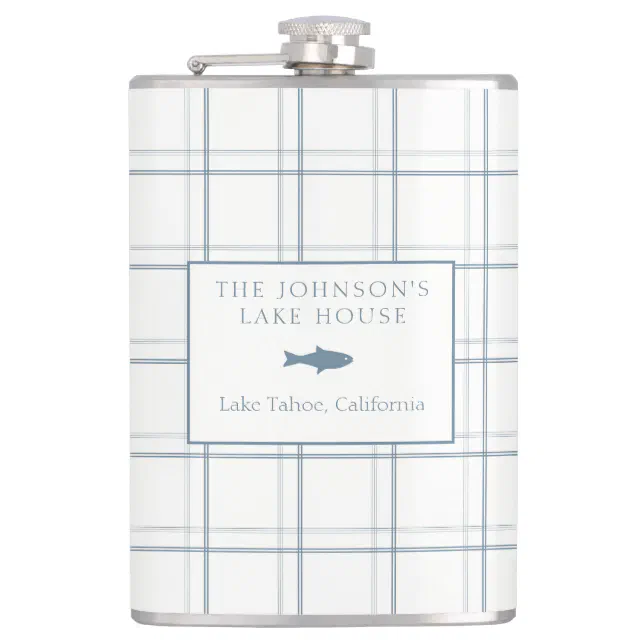 Classic Customizable Plaid Lake House Blue Fish Flask