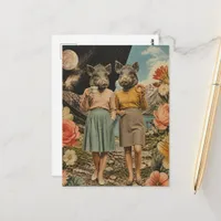 Surreal pair of pig ladies breakfast collage postcard
