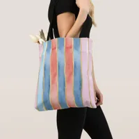 Wide Vertical Watercolor Stripes Blue Pink Coral  Tote Bag