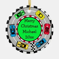 Personalized Merry Christmas Race Car Themed Ceramic Ornament