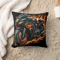 Fiery motorcycle roaring through the night throw pillow