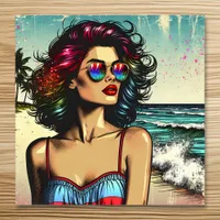 Beautiful Woman on Beach Comic Book Pop Art Poster