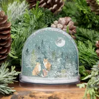 Fox Family in Forest Full Moon Snowfall Watercolor Snow Globes