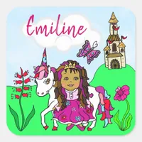 Personalized Pretty Princess and Unicorn Castle Square Sticker