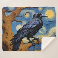 A Raven in an Old Oak Tree Starry Night Sherpa Blanket