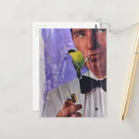 Vintage Man Smoking and a Cute Little Bird Collage Postcard