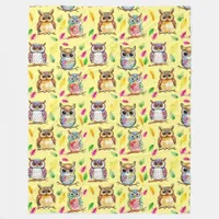 Colorful Woodland Owls and Leaves Watercolor Fleece Blanket