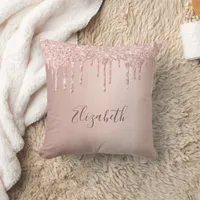 Rose gold blush glitter drips name throw pillow
