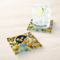 Vintage Lady, Butterflies, Flowers and Inspiring Glass Coaster