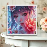 Beautiful Anime Girl Glitchcore Floral Peel And Stick Photo Tile