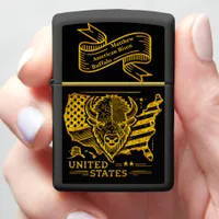 Golden Bison Illustration With USA Map and Flag Zippo Lighter