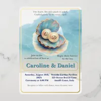 Beach Wedding Pearls Shell Elegant Ocean Theme  Foil Invitation