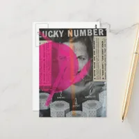 Lucky number retro lady Mixed media collage Postcard