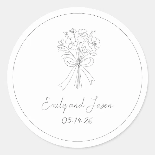 Hand Drawn Casual Flower and Bow Whimsical Wedding Classic Round Sticker