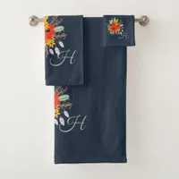 Modern Floral Burnt Orange Bouquet Monogram Blue  Bath Towel Set