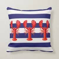 Red lobsters blue white nautical stripes throw pillow