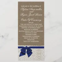 FAUX Burlap and navy blue lace Wedding program